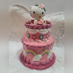 Hello Kitty Birthday Cake Ceramic Cookie Jar Canister w Lid Blue sky